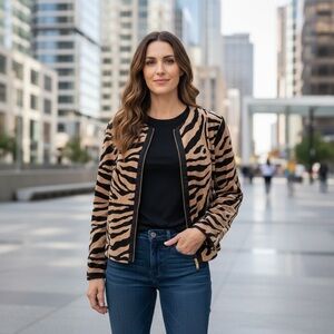 Chico's Tan/Black Animal Print Gold Zip Up Lined‎ Blazer Jacket size large *CH2